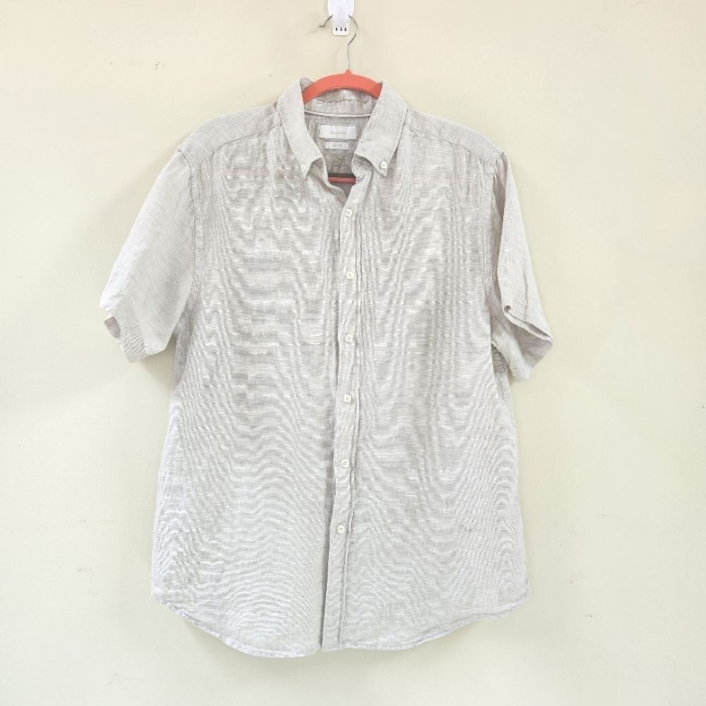 Porter and Ash Shirt Men Sz Large 100% Linen Beige Button Up Beach Travel Casual